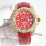 Swiss Replica Rolex Submariner Red Face Iced Out Yellow Gold Alligator Strap 3135 Watch